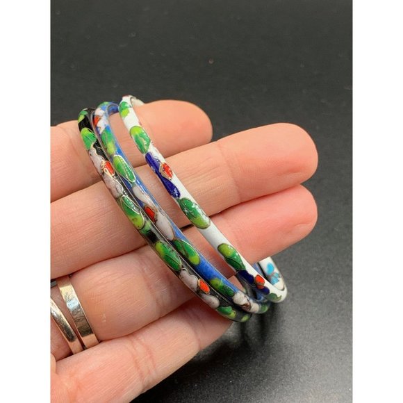 Cloisonne bracelets set of 3 enameled bangles white black and blue - Picture 2 of 4
